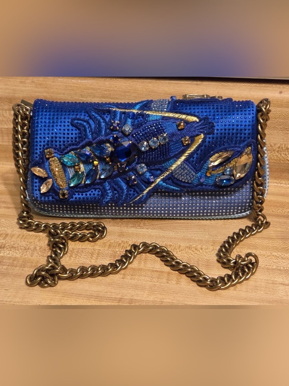 Kurt Geiger NWT Blue Embellished Lobster Crossbody Chain Clutch